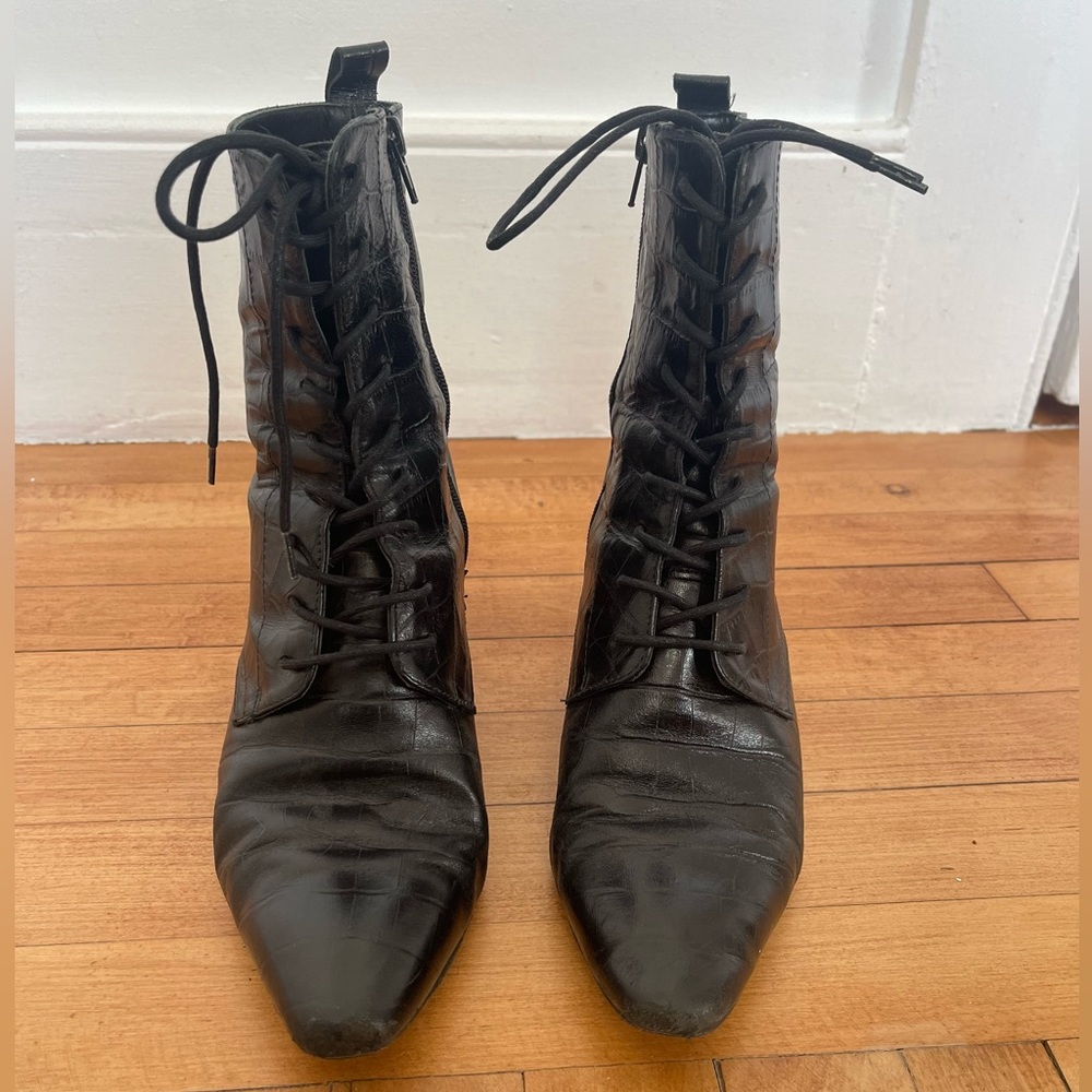 Miista Zelie Black Croc Leather Lace-up Boots 41